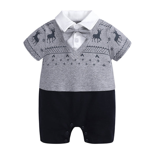 Barboteuse bébé grise et noire à manches courtes, avec motifs de cervidés, col blanc et nœud papillon gris