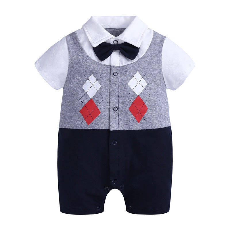 Barboteuse bébé grise et noire, avec losanges rouges et blancs, col blanc et nœud papillon noir