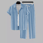 2025 Amazon Independent Site Cross-Border Foreign Trade Men's Striped Short-Sleeve Shirt With Buttoned Lapel And Drawstring Long Pants Set - Vignette | MyaLova