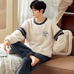 Coral Velvet Pajamas Men's Winter Thicken Thermal Pullover Round Neck Flannel Home Wear - Vignette | MyaLova