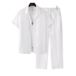 2025 Amazon Independent Site Cross-Border Foreign Trade Men's Striped Short-Sleeve Shirt With Buttoned Lapel And Drawstring Long Pants Set - Vignette | MyaLova