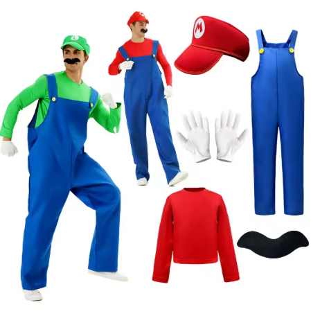  Costumes Mario rouge et Luigi vert pour adulte, avec présentation du haut, de la salopette, du chapeau, des gants et de la moustache.