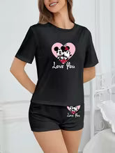 Pyjama ensemble 2 pièces Minnie Mouse femme noire - haut manches courtes imprimé Love You - MyaLova