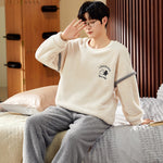 Coral Velvet Pajamas Men's Winter Thicken Thermal Pullover Round Neck Flannel Home Wear - Vignette | MyaLova