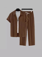 2025 Amazon Independent Site Cross-Border Foreign Trade Men's Striped Short-Sleeve Shirt With Buttoned Lapel And Drawstring Long Pants Set - Vignette | MyaLova
